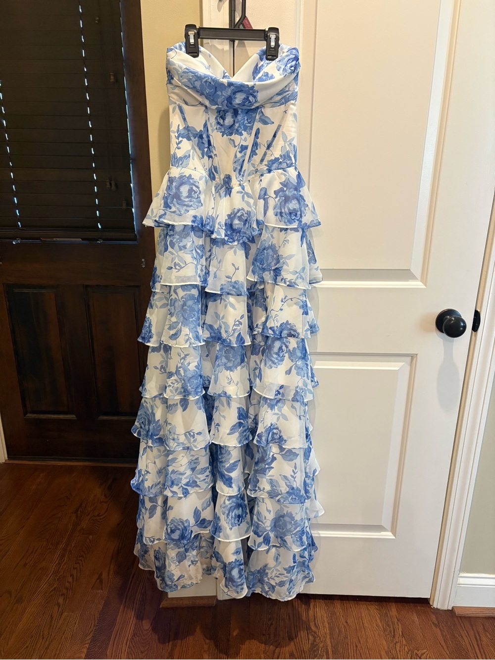 Windsor White Strapless Tiered Gown with Blue Floral Print